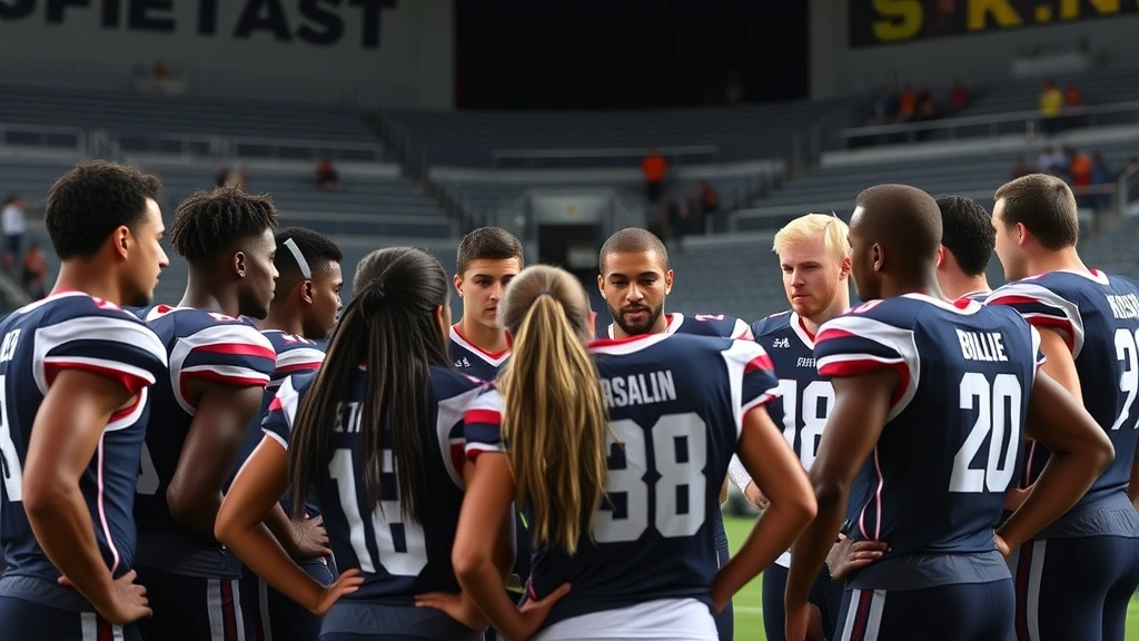 Team huddle moment showing players listening intently to coaching instruction, diverse athletes showing concentration and engagement, motivational team environment, stadium bleachers visible