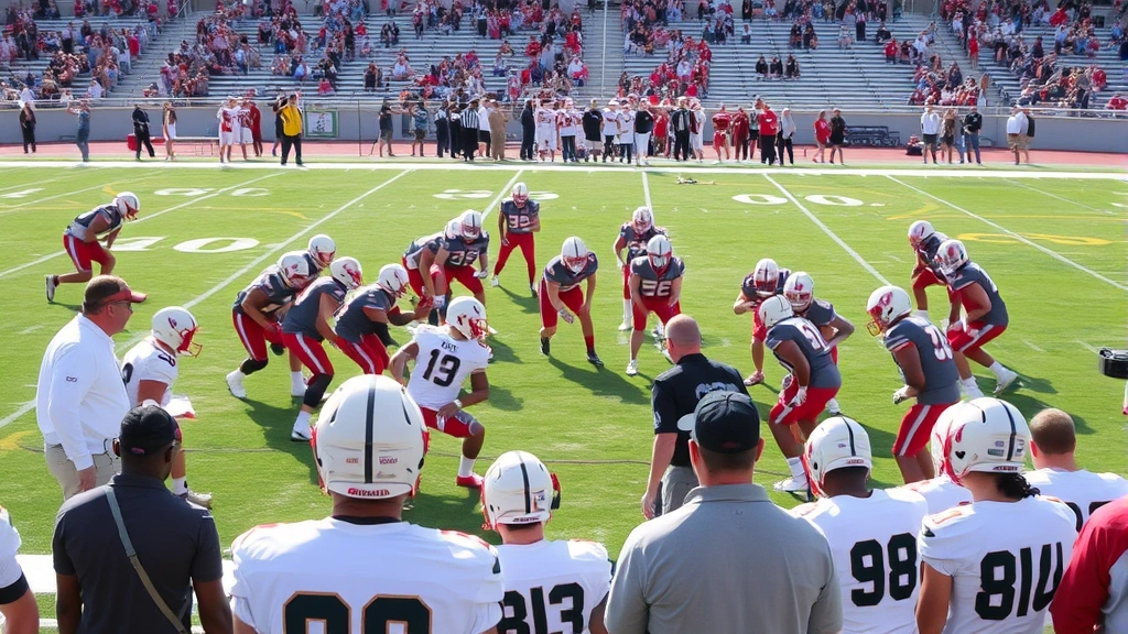 Football team gathered during game day executing their strategy, showing quarterbacks reading plays, receivers running routes, and team unity with coaches directing from sidelines in competitive stadium environment