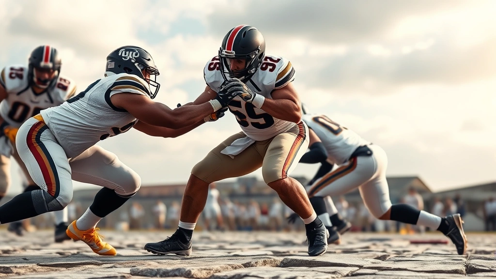 Offensive lineman executing drive blocking technique on limestone surface, low pad level, powerful leg drive, defensive partner holding blocking pad, game-speed intensity