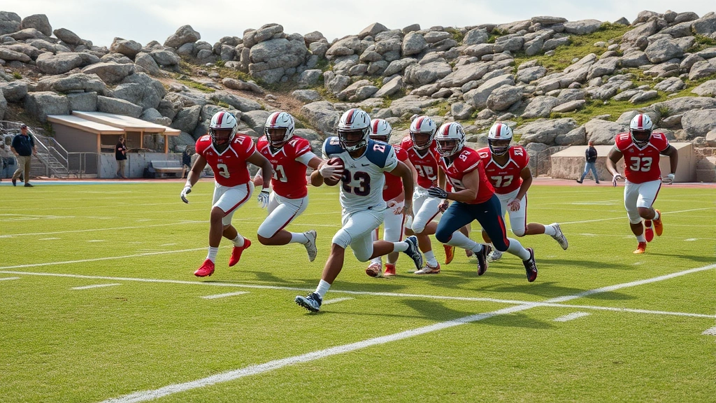 Group of defensive players pursuing ball carrier across limestone field in organized drill formation, high-speed movement, proper gap integrity positioning, professional sports photography