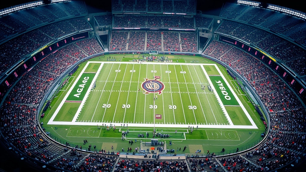 Aerial view of football stadium field during game with players in action, white yard lines visible, crowd in stands, professional stadium lighting