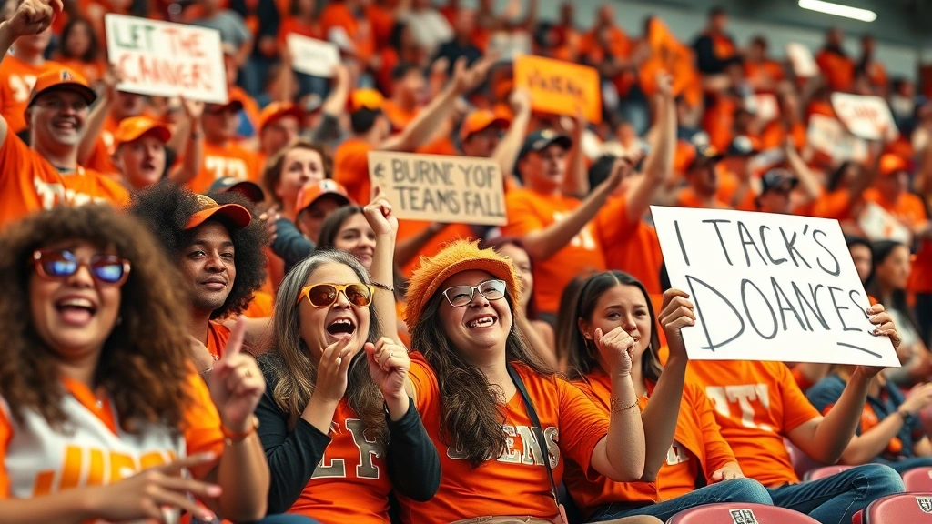 Close-up of excited fans in stadium seats wearing burnt orange, holding signs and cheering, diverse crowd showing game day enthusiasm and team spirit