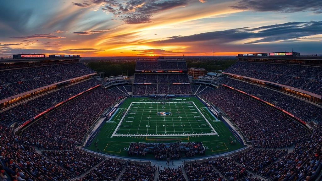 Wide aerial view of packed college football stadium at sunset showing full capacity crowd with coordinated fan sections, dramatic lighting, passionate atmosphere visible from above
