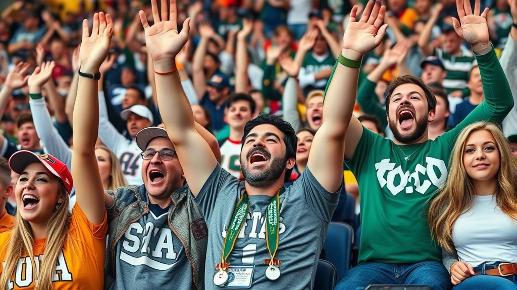 Close-up of enthusiastic college football fans in stadium seats cheering intensely with raised arms, wearing school colors and gear, genuine excitement and passion on faces, crowd energy visible