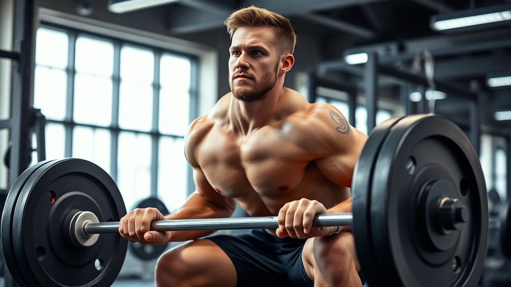 Athletic male performing heavy barbell squat with perfect form in modern gym, intense facial expression, muscular physique, professional lighting, no text or labels