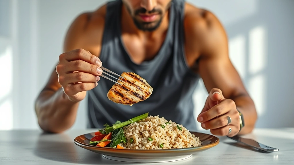 Fit athlete eating grilled chicken with vegetables and brown rice at clean table, focused expression, natural lighting, healthy meal preparation, no nutritional labels visible