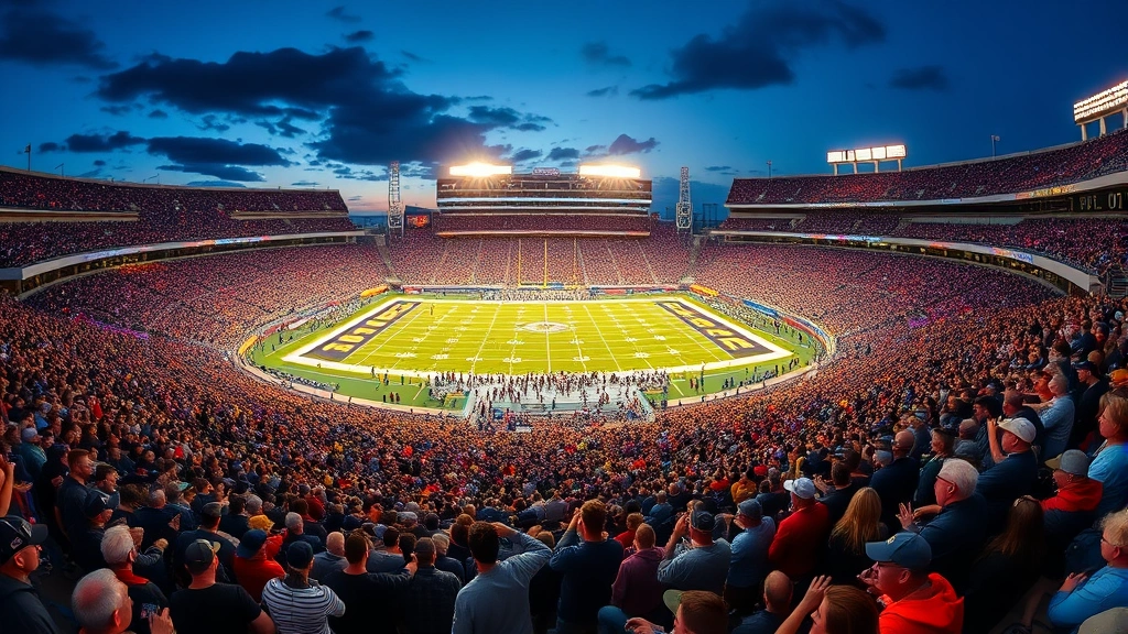 Wide angle shot of Tiger Stadium packed with fans during evening game, purple and gold colors visible, field lights illuminated, dynamic crowd energy