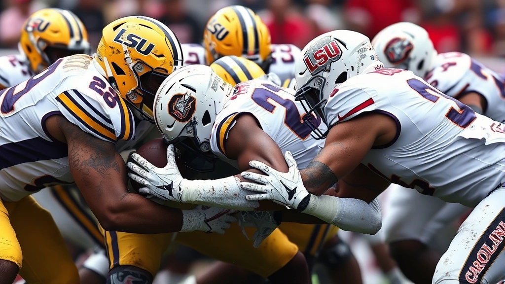 Close-up action shot of LSU Tigers defensive lineman engaging South Carolina offensive lineman at line of scrimmage, intense physical contact, mud visible on uniforms