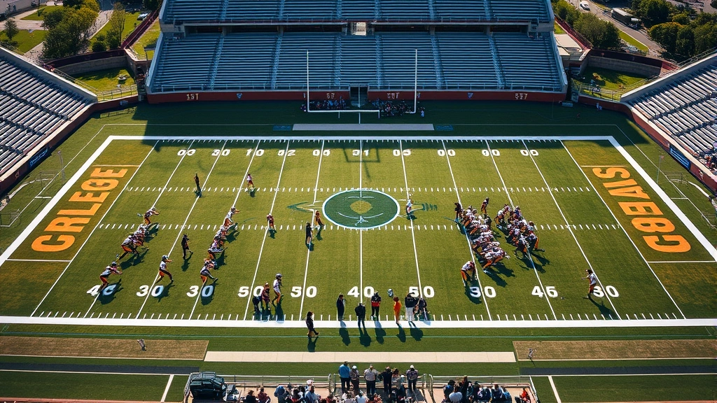Aerial view of college football field showing both teams lined up for play, yard markers visible, stadium background, professional sports photography
