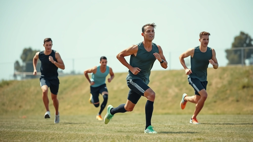 Male athletes performing high-intensity interval training sprints on outdoor grass field, athletic motion capture style photography