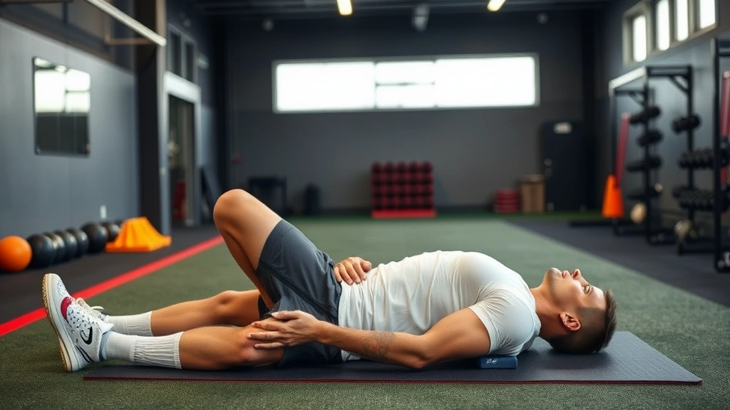 Recovery scene showing football player stretching and foam rolling in athletic training facility, post-workout recovery demonstration