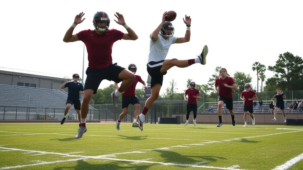 Professional football players performing explosive plyometric training on grass field, maximum vertical jump effort, athletic bodies mid-air, natural daylight, dynamic movement captured mid-action