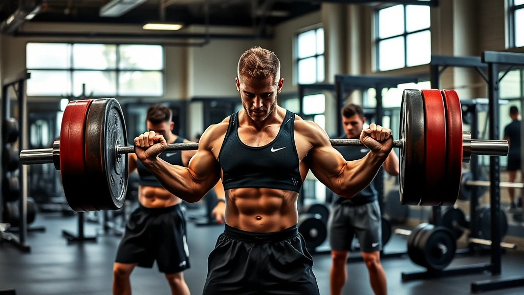 Elite athletes executing compound strength movements in modern training facility, heavy barbell work with proper form, muscular definition visible, professional gym environment, focused intensity