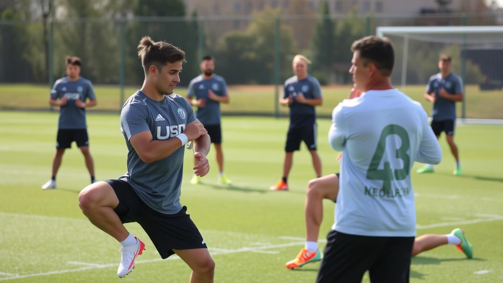 Football players in recovery session performing dynamic stretching and mobility work, flexibility training, outdoor training ground, coach supervision visible, health-focused preparation