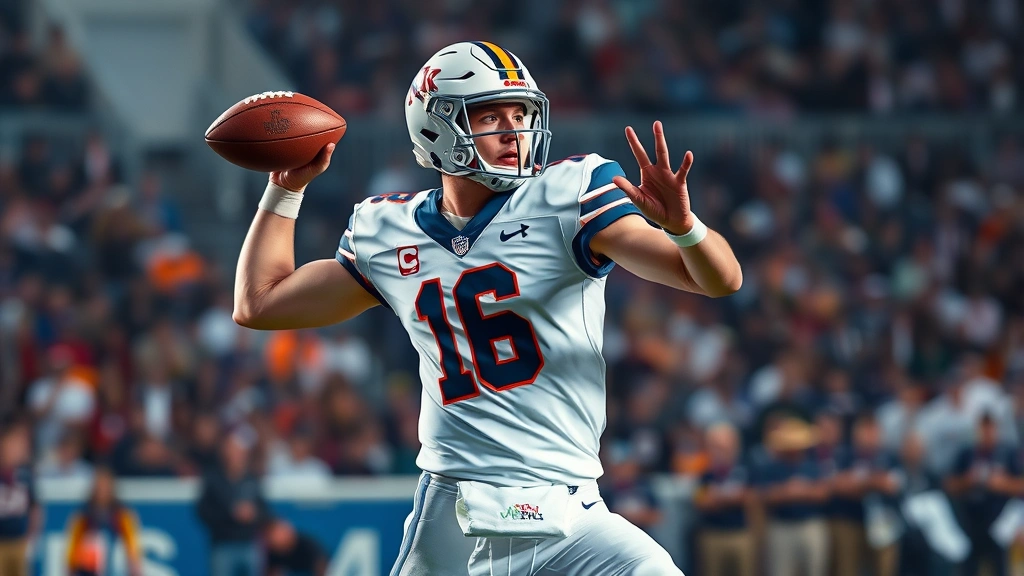 Dynamic college football quarterback mid-throw during intense game action, stadium lights, crowd blurred background, professional athletic photography, explosive movement captured