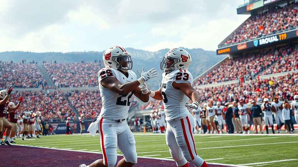 College football players celebrating touchdown in end zone during competitive game, emotional intensity, crowd energy visible, authentic game moment, dynamic athletic photography without text