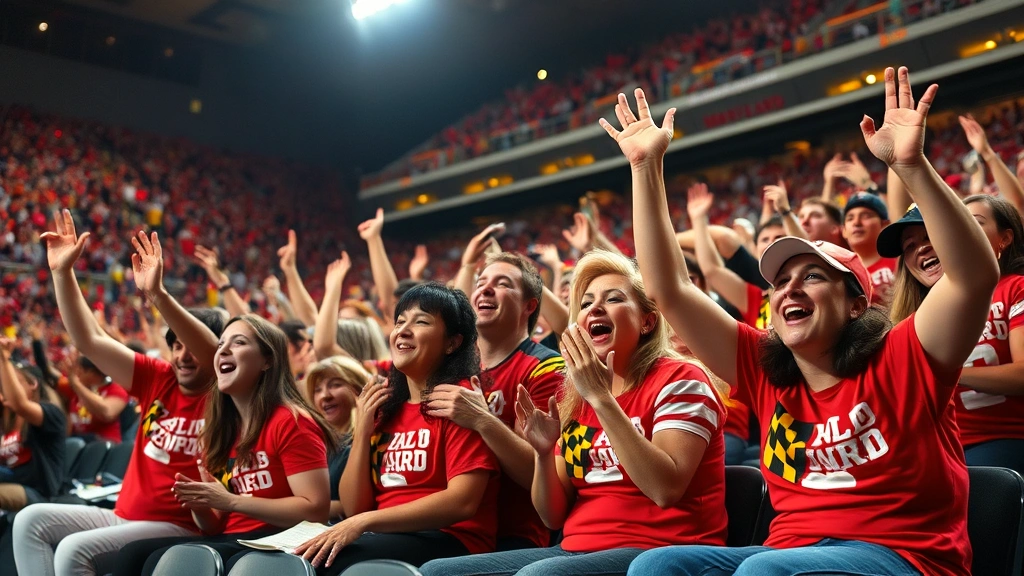 Enthusiastic college football fans in Maryland team colors cheering in stadium seats during exciting game moment with dramatic lighting, crowd energy, and competitive atmosphere