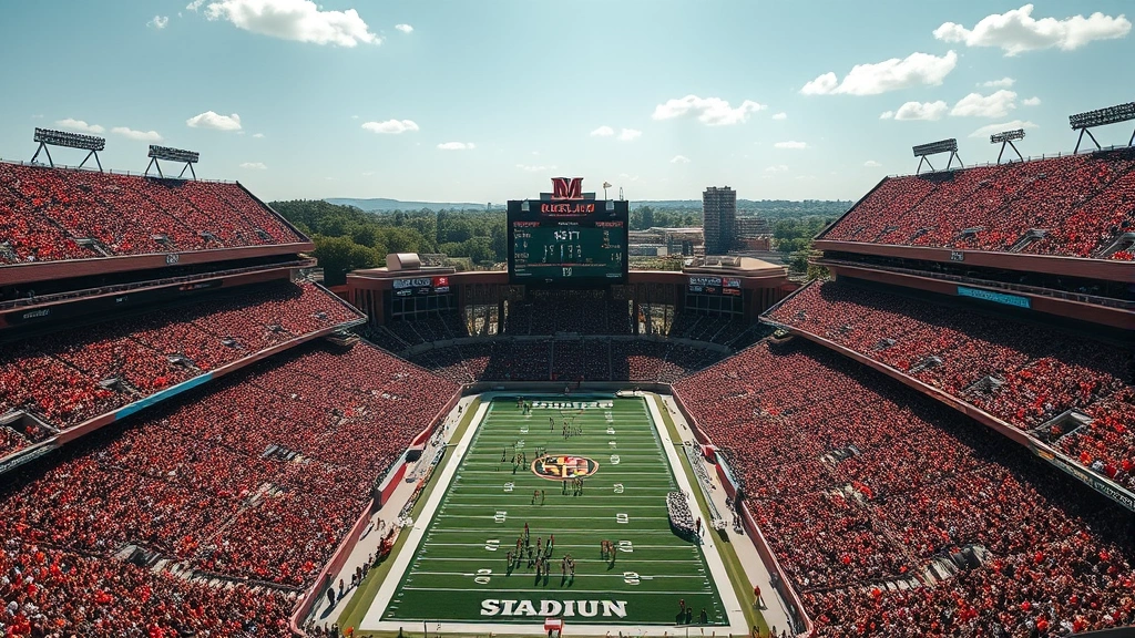 Aerial view of SECU Stadium packed with Maryland Terrapins fans, vibrant crowd energy, sunny game day afternoon, packed bleachers and field visible from above