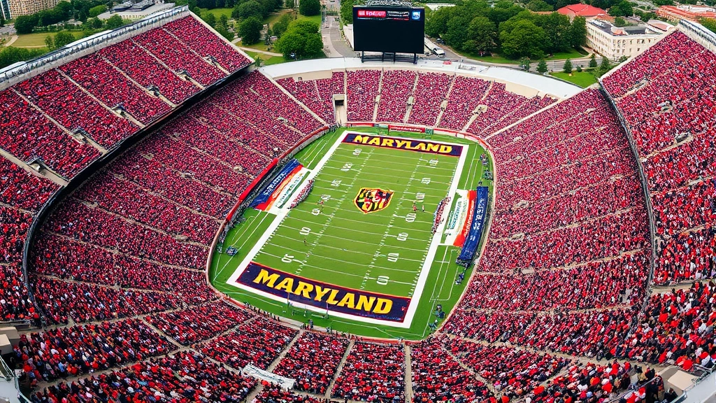 Aerial view of Maryland Stadium filled with thousands of spectators during daytime football game showing crowded seating sections, field action, and vibrant fan engagement