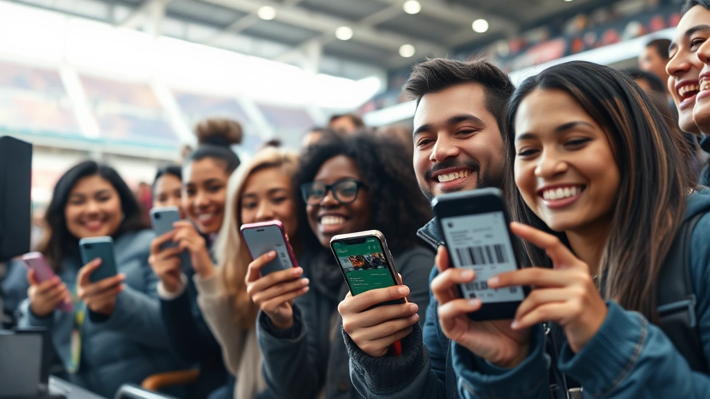 Close-up of diverse fans holding mobile phones displaying digital tickets at stadium entrance, smiling expressions, natural lighting, security scanning barcode on phone