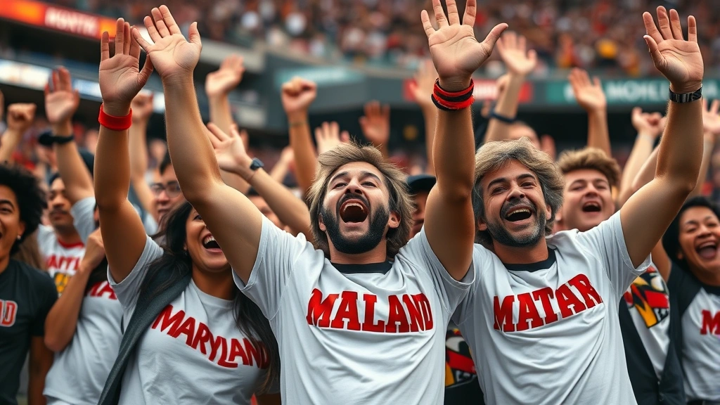 Close-up of diverse group of fans celebrating Maryland touchdown with raised arms, excited expressions, and team apparel showing authentic game-day emotion and stadium environment