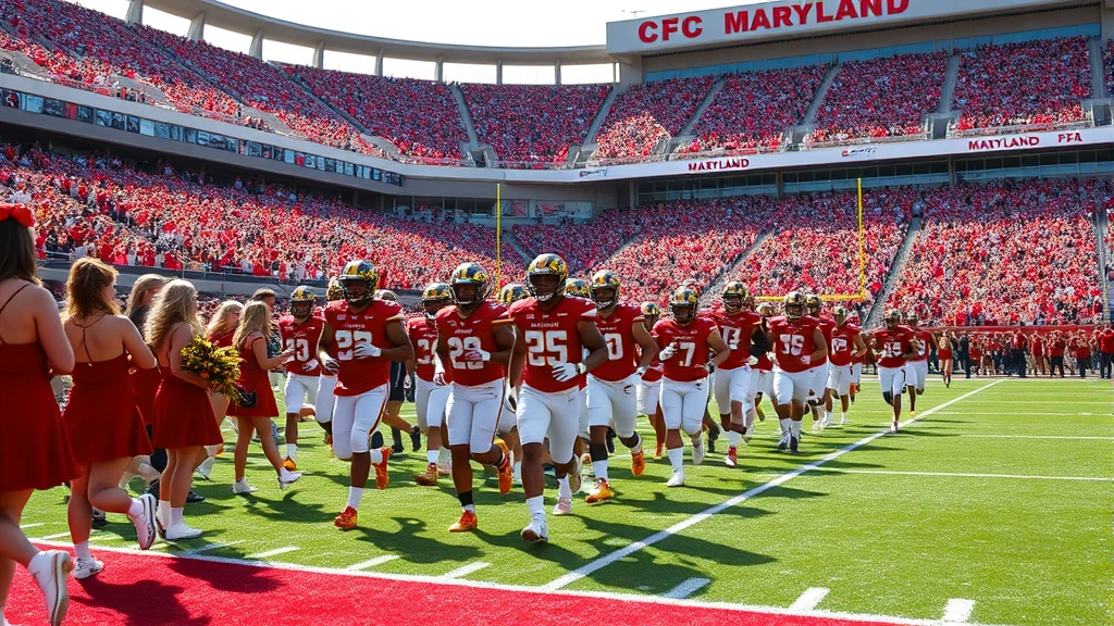 Wide shot of Maryland football team running onto field during pre-game, packed stadium stands in background, cheerleaders in foreground, dynamic action moment, bright field lighting