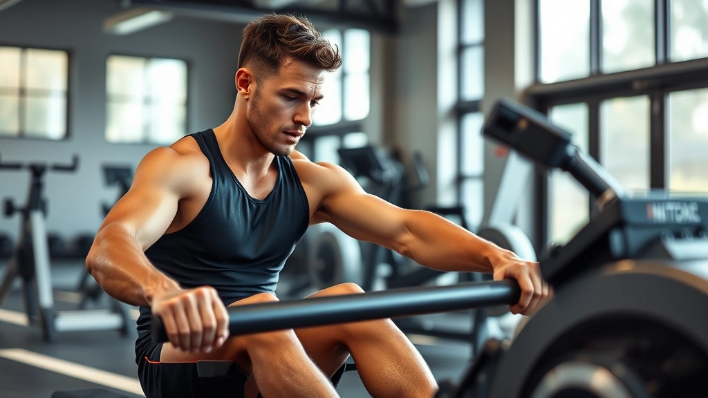 Athletic person rowing on water rower machine indoors, focused intensity, sweat visible, professional gym setting, natural lighting through windows, dynamic mid-stroke position