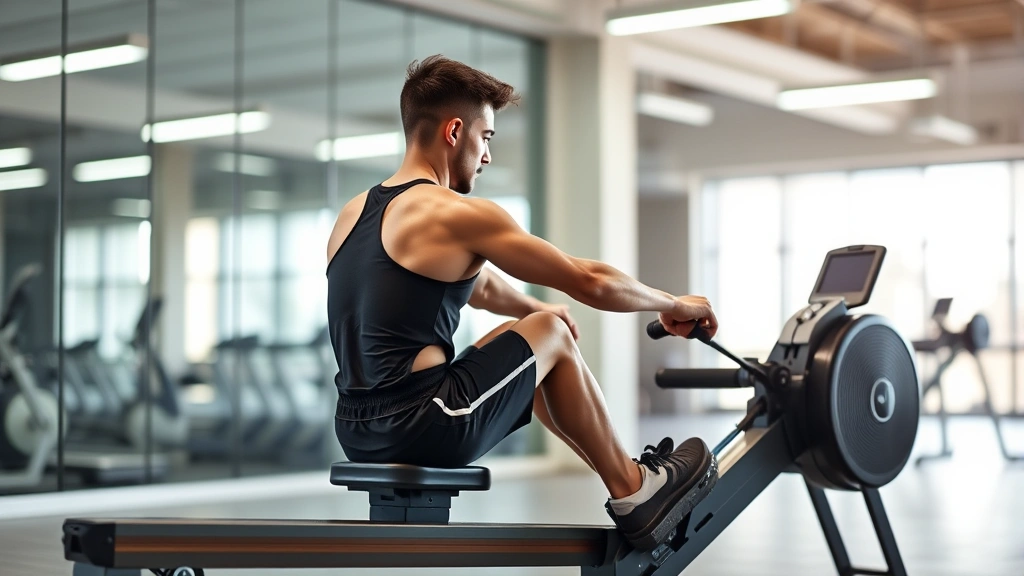 Fit individual performing rowing machine exercise with perfect form, showing leg drive phase, muscular engagement visible, modern fitness facility background, motion captured mid-row