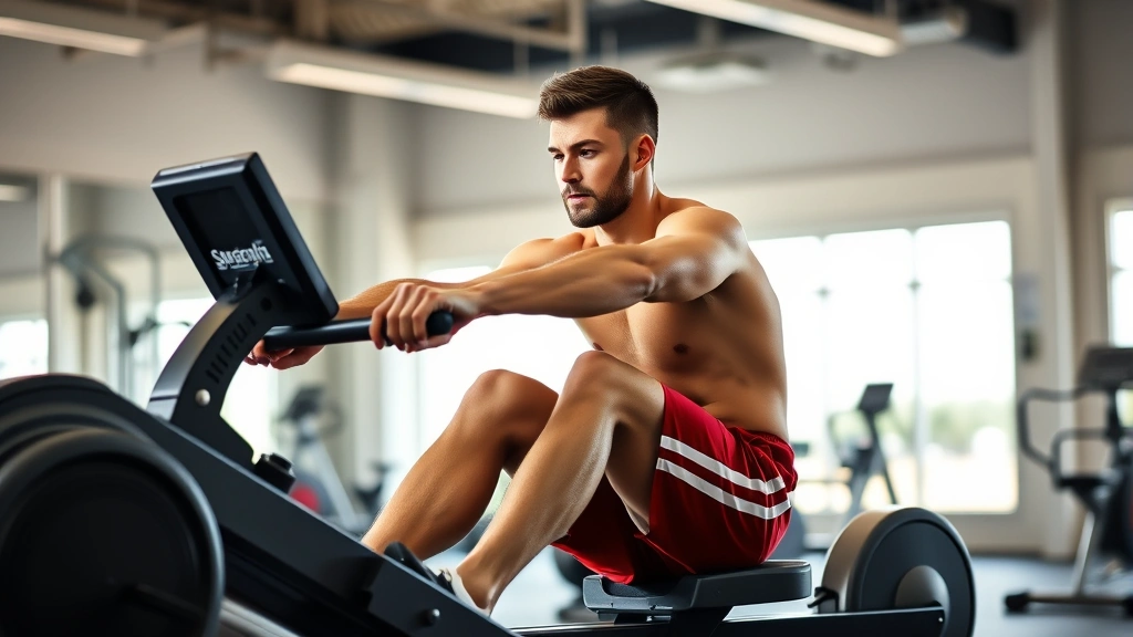 Rower in competitive posture on rowing machine, showing complete rowing stroke cycle, fitness center environment, morning or afternoon natural light, professional athletic form demonstration