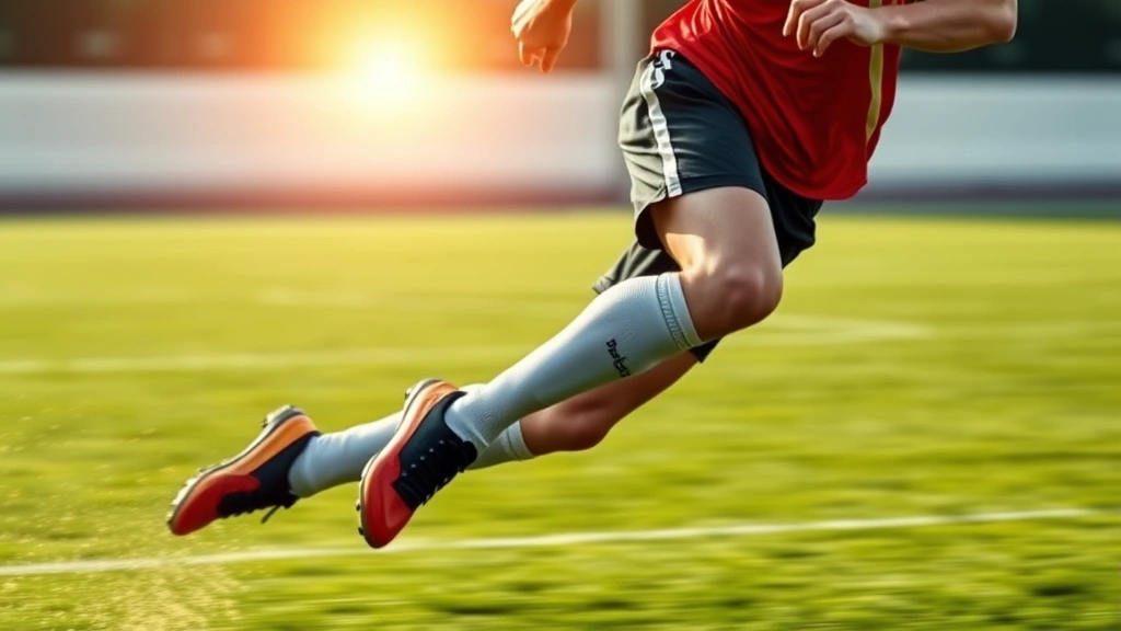 Professional soccer player performing explosive sprint acceleration on grass field, intense leg muscles engaged, motion blur background, dynamic athletic movement, photorealistic