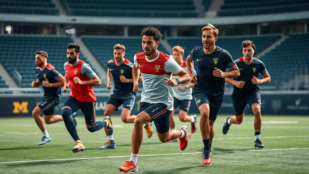Elite football players executing tactical drills during high-intensity interval training session, multiple athletes mid-run, competitive intensity visible, professional stadium environment, dynamic conditioning