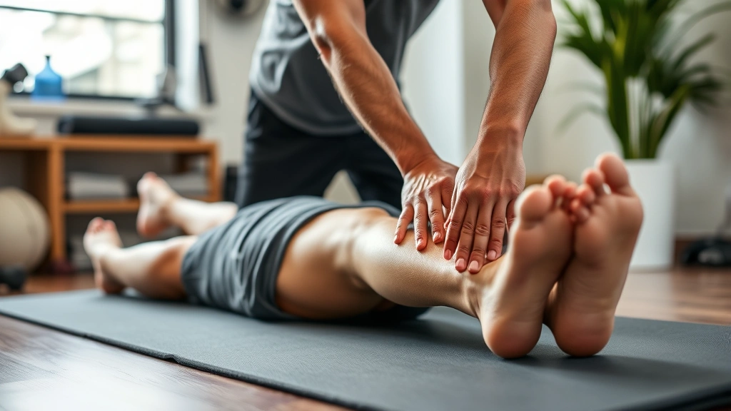 Recovery session showing athlete receiving soft tissue massage on lower legs, relaxed recovery environment, professional sports medicine setting, emphasis on injury prevention and restoration