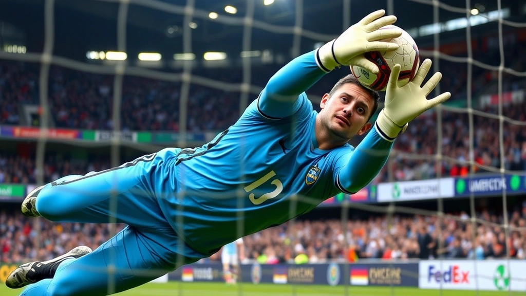 Goalkeeper making dramatic save during international match, acrobatic diving position, intense facial expression, crowded stadium atmosphere with spectators visible