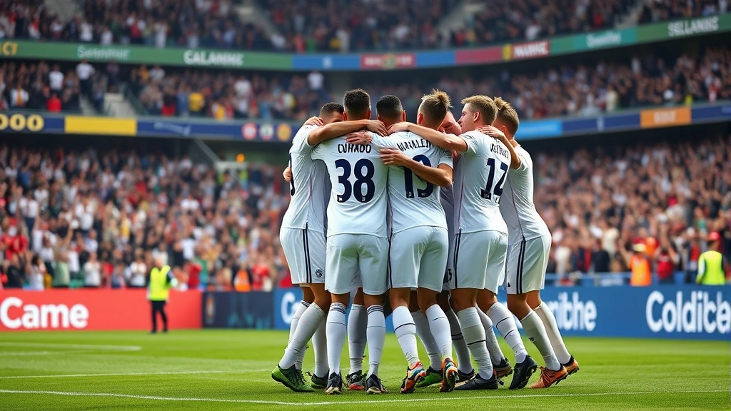 International football team celebration scene, players hugging after goal, emotional intensity and team unity, packed stadium background with cheering fans