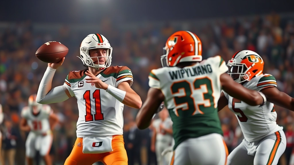 Dynamic Miami Hurricanes quarterback executing a perfectly timed pass play against Georgia Tech defense under stadium lights, showing receiver separation and professional throwing mechanics during competitive college football game