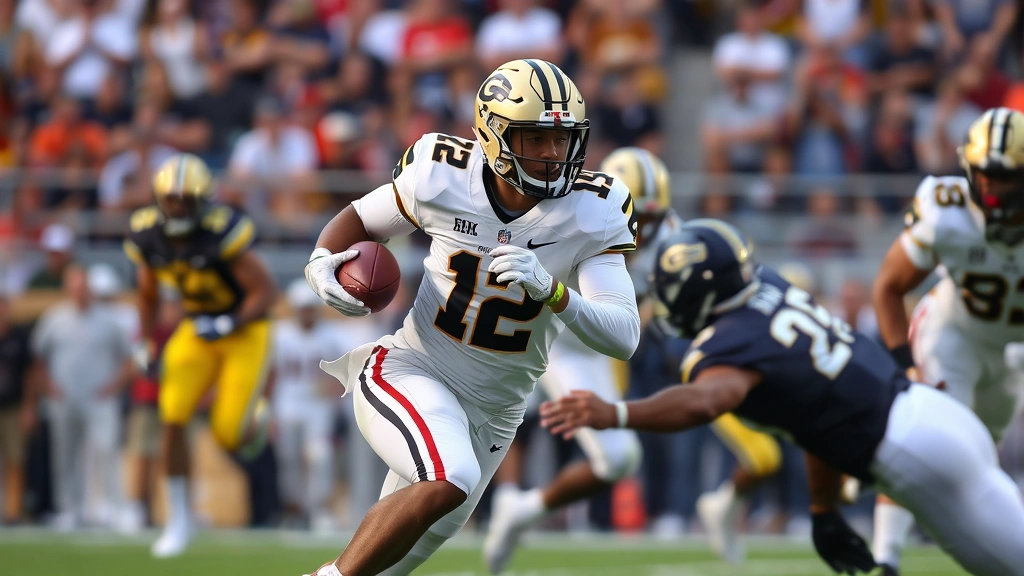 Georgia Tech running back executing triple-option read with blockers engaged, demonstrating rushing technique and field vision during ground-oriented offensive drive against opposing defense
