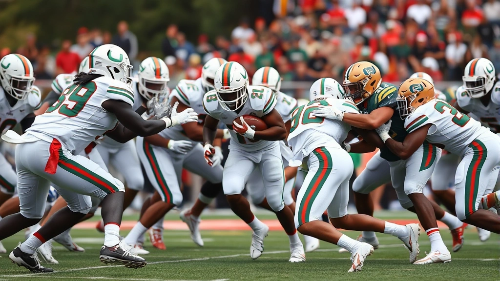 College football defensive stand showing Miami defenders swarming the ball carrier in backfield, displaying gap integrity, tackling form, and defensive line penetration against Georgia Tech offensive scheme