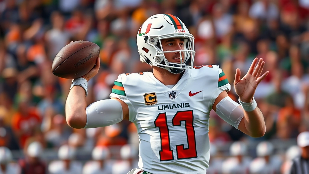 College football quarterback in Miami uniform throwing football mid-game with crowd blurred background, intense focused expression, professional stadium lighting