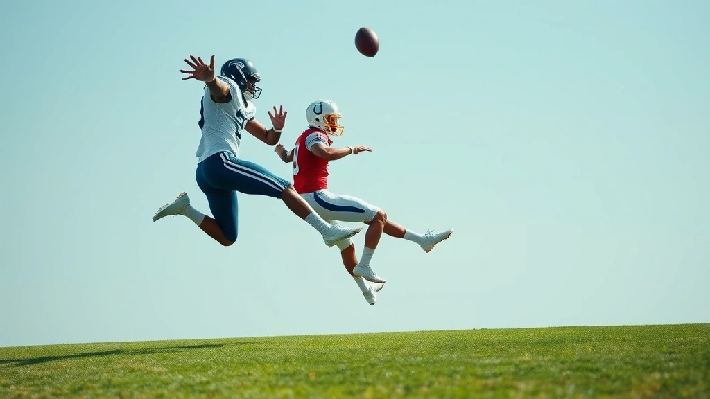 Defensive cornerback in coverage position with receiver nearby, both athletes jumping for football in air, clear sky, competitive athletic moment