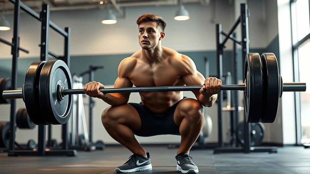 Elite college football athlete performing heavy barbell squat in modern strength training facility with professional lighting and equipment, showcasing proper form and muscular physique