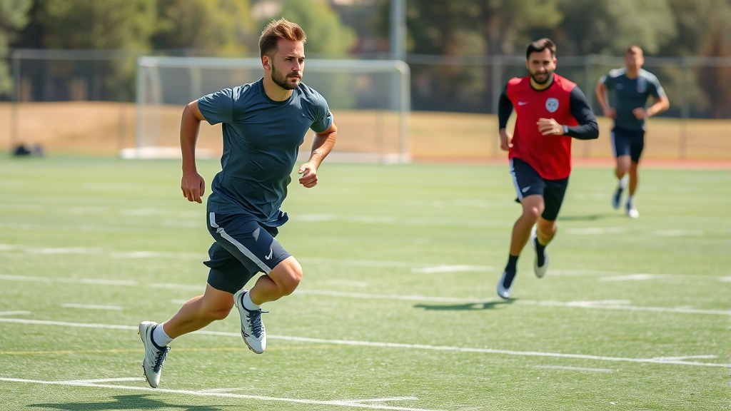 Athletic male football player sprinting at maximum velocity on outdoor field during training session, demonstrating explosive power and speed development with dynamic movement