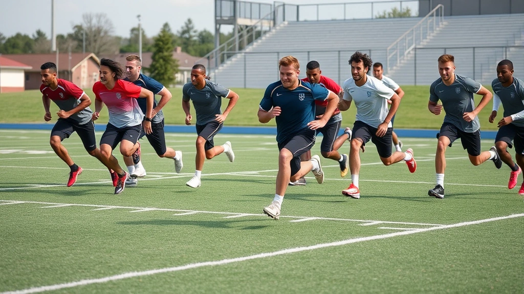 Football team engaged in high-intensity sprint conditioning drill on outdoor practice field, multiple athletes running at maximum speed, athletic excellence demonstrated