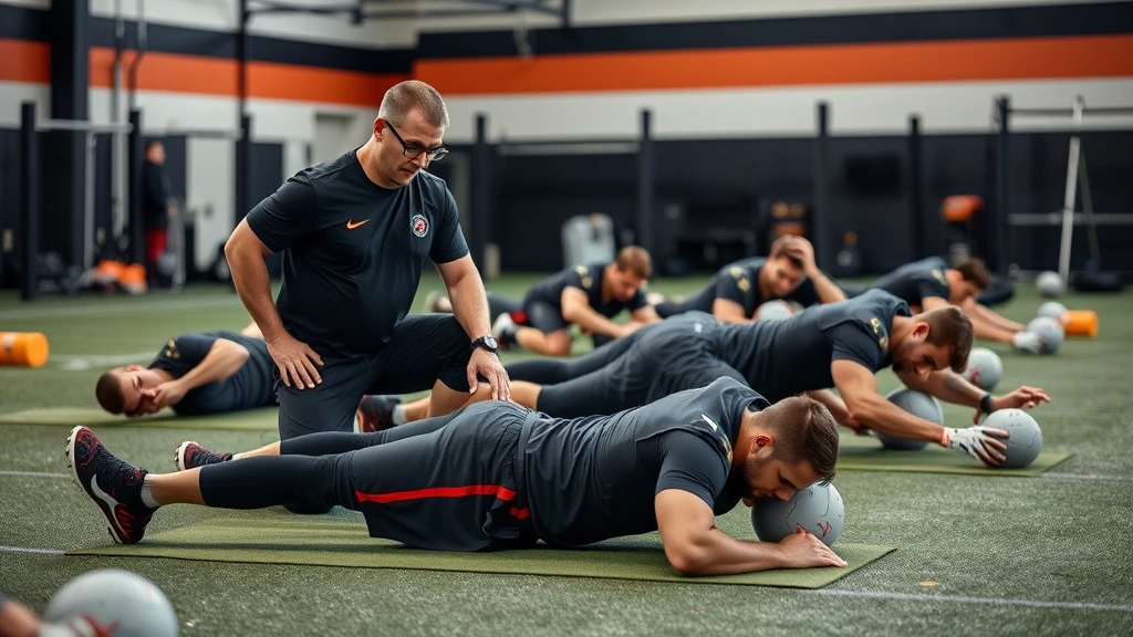 Professional strength and conditioning coach working with multiple college football athletes during recovery and mobility work session, using foam rolling and stretching techniques