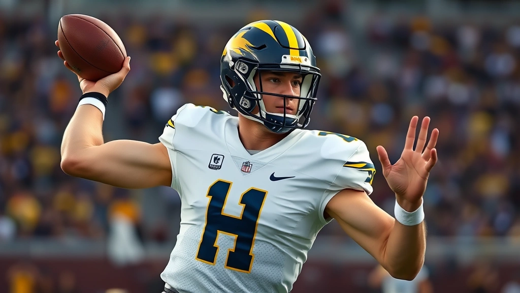 Athletic football player in Michigan uniform executing perfect passing form during intense practice session, photorealistic high-definition, focused concentration expression, stadium background