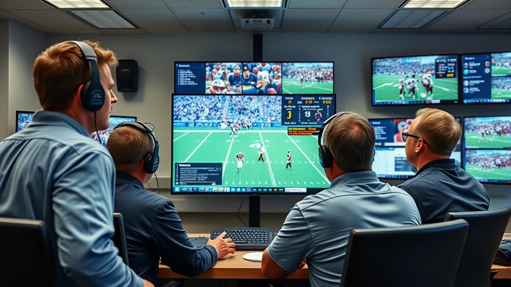 College football coaching staff reviewing game film on monitors in modern facility, analyzing player performance metrics, professional environment with technology displays
