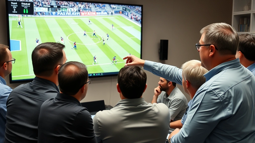 Head coach analyzing game film on large screen with coaching staff, pointing at tactical formations, professional coaching environment, detailed technical discussion captured
