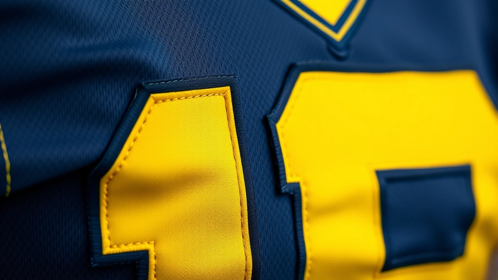 Close-up detail of new Michigan football jersey fabric texture and stripe pattern, showing modern stitching and number design with maize and blue color contrast, professional studio lighting