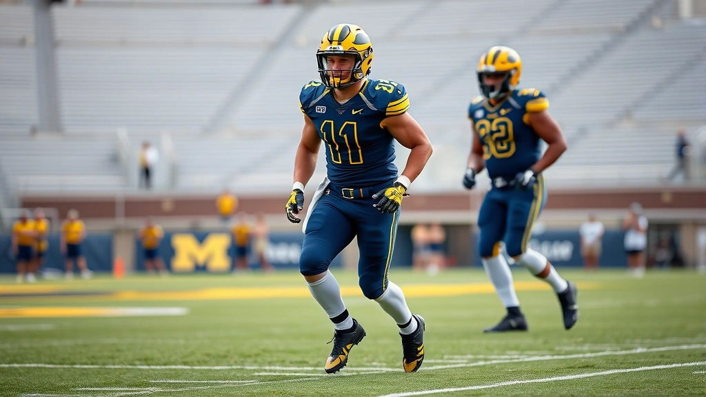 Full-length view of Michigan football player in complete new uniform ensemble including updated pants with refined stripe patterns, helmet, and jersey, positioned mid-stride on field grass with stadium background