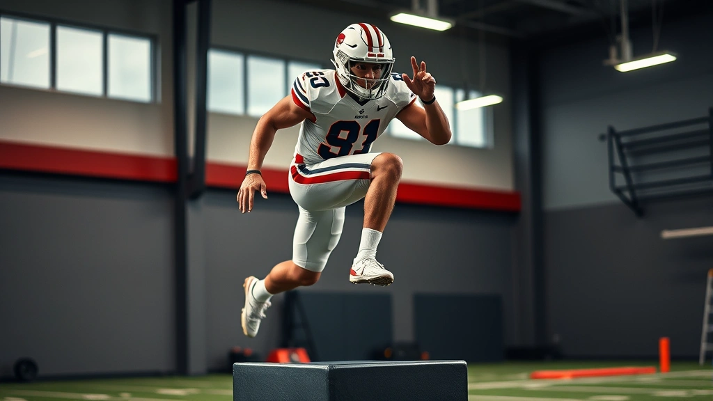 College football player doing box jump exercise with maximum explosive power, athletic physique mid-jump, modern training facility background, motivational intense training atmosphere, professional photography