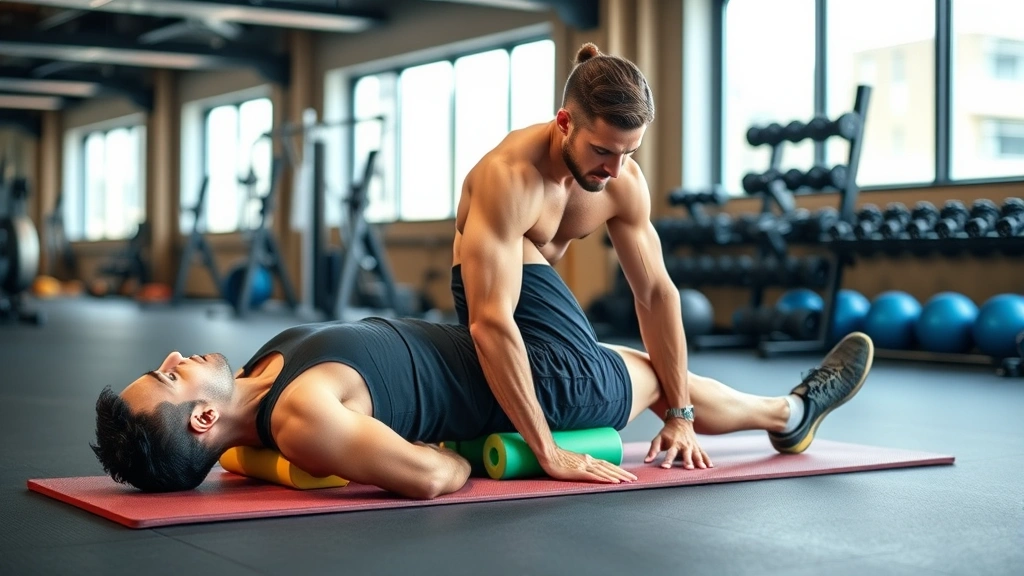Fit athlete recovering with foam rolling and stretching routine on training mat, proper form demonstrated, modern gym environment, focused on recovery protocols, wellness-oriented setting, professional athletic context